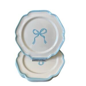 Shabby Chic Blue Bow Border Melamine Salad Plates 8.5in Set of 4 White New